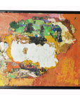 Orange, green, yellow and white oil painting with textured layers in black frame.