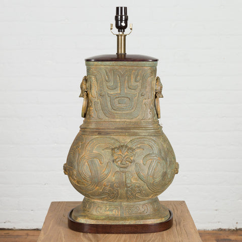 Vintage Bronze Chinese Hu Vessel Inspired Table Lamp with Mythical Creatures-RG2132-10. Asian & Chinese Furniture, Art, Antiques, Vintage Home Décor for sale at FEA Home