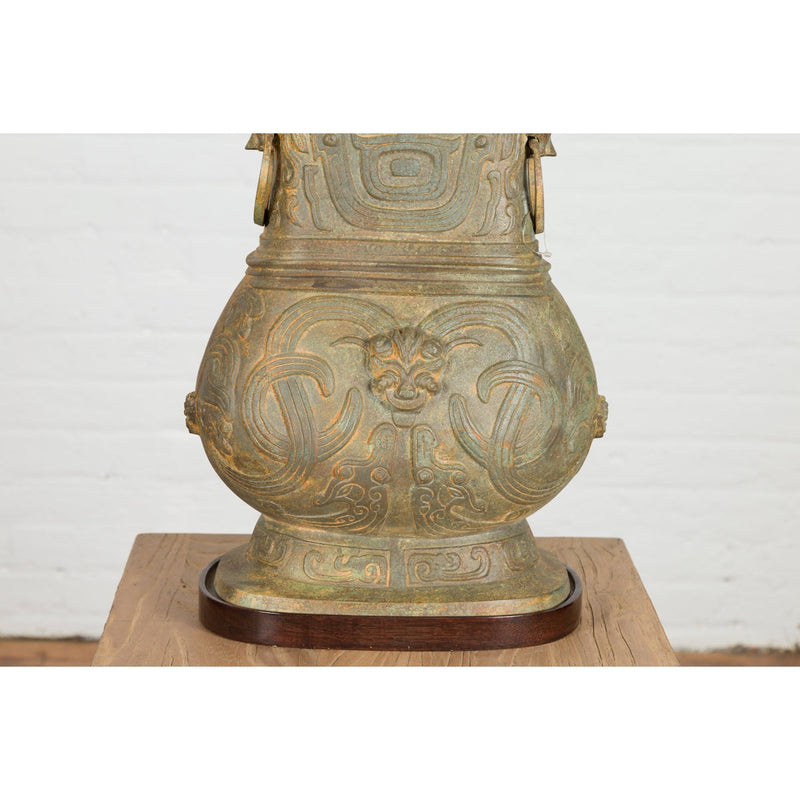 Vintage Bronze Chinese Hu Vessel Inspired Table Lamp with Mythical Creatures-RG2132-12. Asian & Chinese Furniture, Art, Antiques, Vintage Home Décor for sale at FEA Home