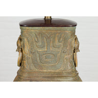 Vintage Bronze Chinese Hu Vessel Inspired Table Lamp with Mythical Creatures