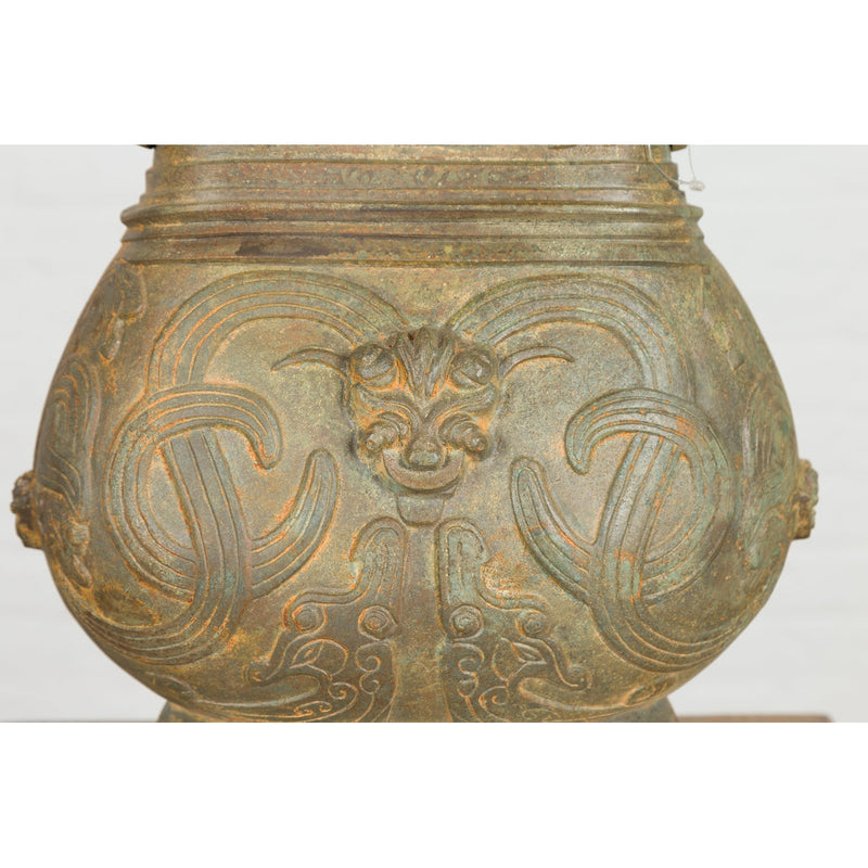 Vintage Bronze Chinese Hu Vessel Inspired Table Lamp with Mythical Creatures-RG2132-14. Asian & Chinese Furniture, Art, Antiques, Vintage Home Décor for sale at FEA Home