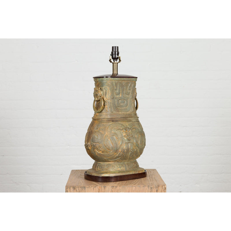 Vintage Bronze Chinese Hu Vessel Inspired Table Lamp with Mythical Creatures-RG2132-16. Asian & Chinese Furniture, Art, Antiques, Vintage Home Décor for sale at FEA Home