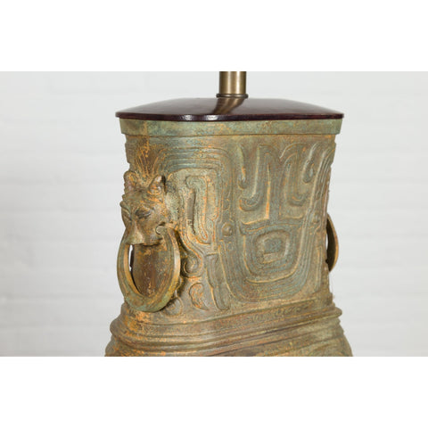 Vintage Bronze Chinese Hu Vessel Inspired Table Lamp with Mythical Creatures-RG2132-17. Asian & Chinese Furniture, Art, Antiques, Vintage Home Décor for sale at FEA Home