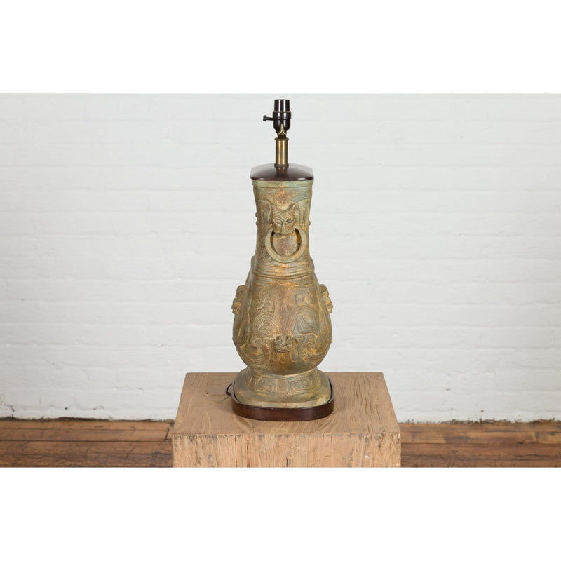 Vintage Bronze Chinese Hu Vessel Inspired Table Lamp with Mythical Creatures-RG2132-2. Asian & Chinese Furniture, Art, Antiques, Vintage Home Décor for sale at FEA Home