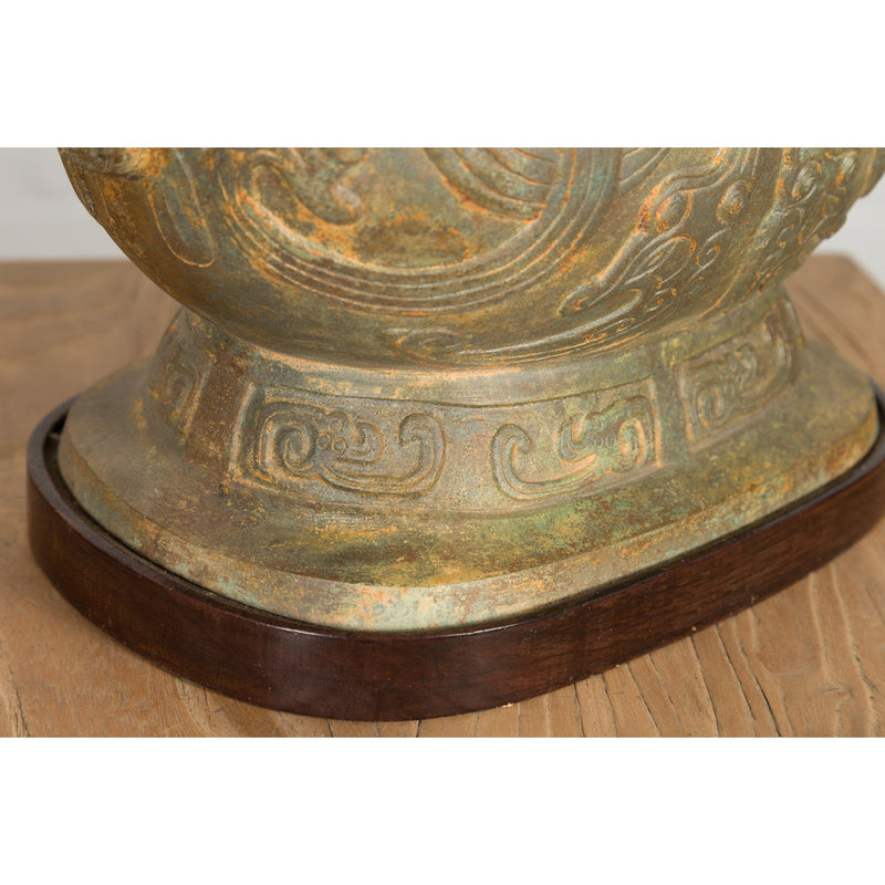 Vintage Bronze Chinese Hu Vessel Inspired Table Lamp with Mythical Creatures-RG2132-20. Asian & Chinese Furniture, Art, Antiques, Vintage Home Décor for sale at FEA Home