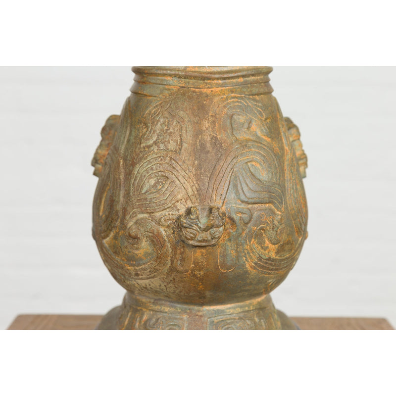 Vintage Bronze Chinese Hu Vessel Inspired Table Lamp with Mythical Creatures-RG2132-3. Asian & Chinese Furniture, Art, Antiques, Vintage Home Décor for sale at FEA Home