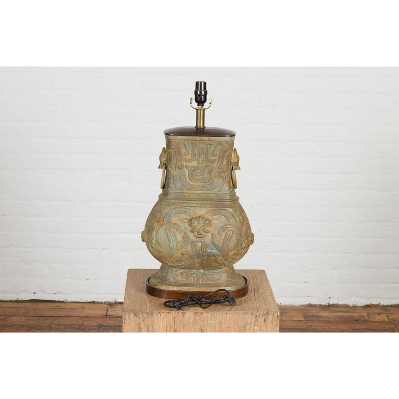 Vintage Bronze Chinese Hu Vessel Inspired Table Lamp with Mythical Creatures-RG2132-4. Asian & Chinese Furniture, Art, Antiques, Vintage Home Décor for sale at FEA Home
