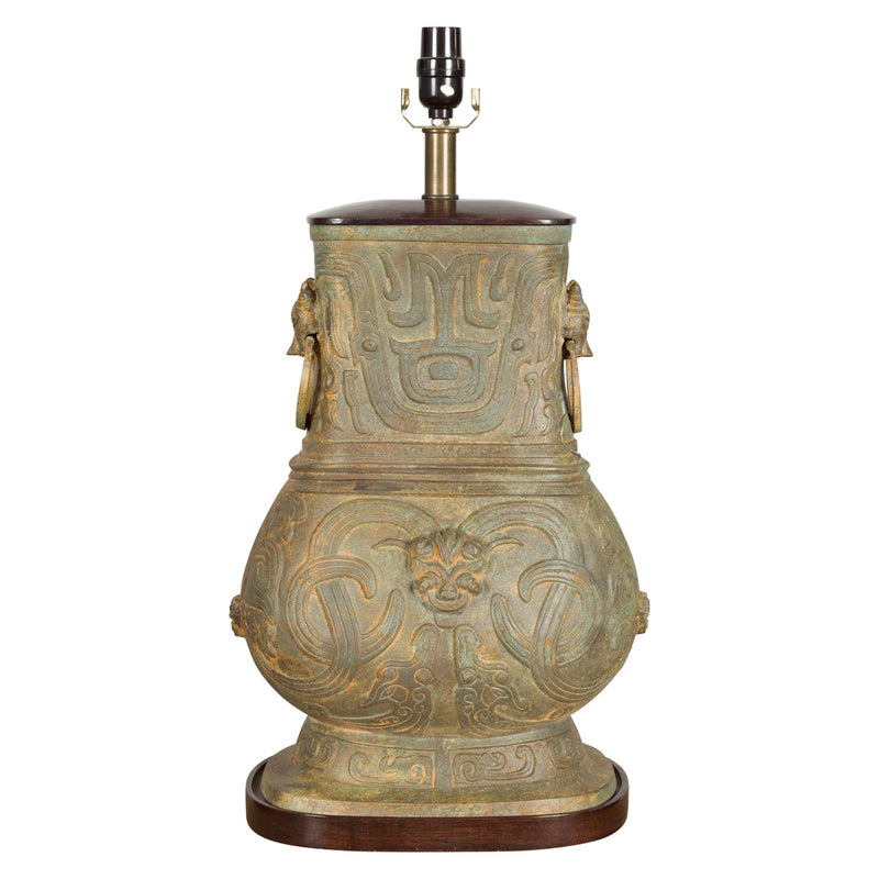 Vintage Bronze Chinese Hu Vessel Inspired Table Lamp with Mythical Creatures-RG2132-8. Asian & Chinese Furniture, Art, Antiques, Vintage Home Décor for sale at FEA Home
