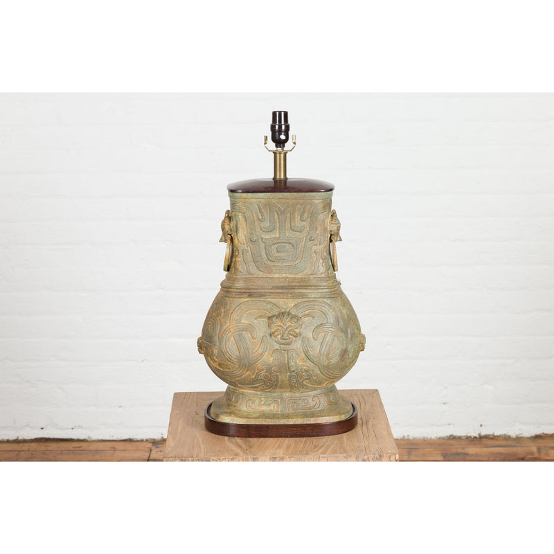 Vintage Bronze Chinese Hu Vessel Inspired Table Lamp with Mythical Creatures-RG2132-9. Asian & Chinese Furniture, Art, Antiques, Vintage Home Décor for sale at FEA Home