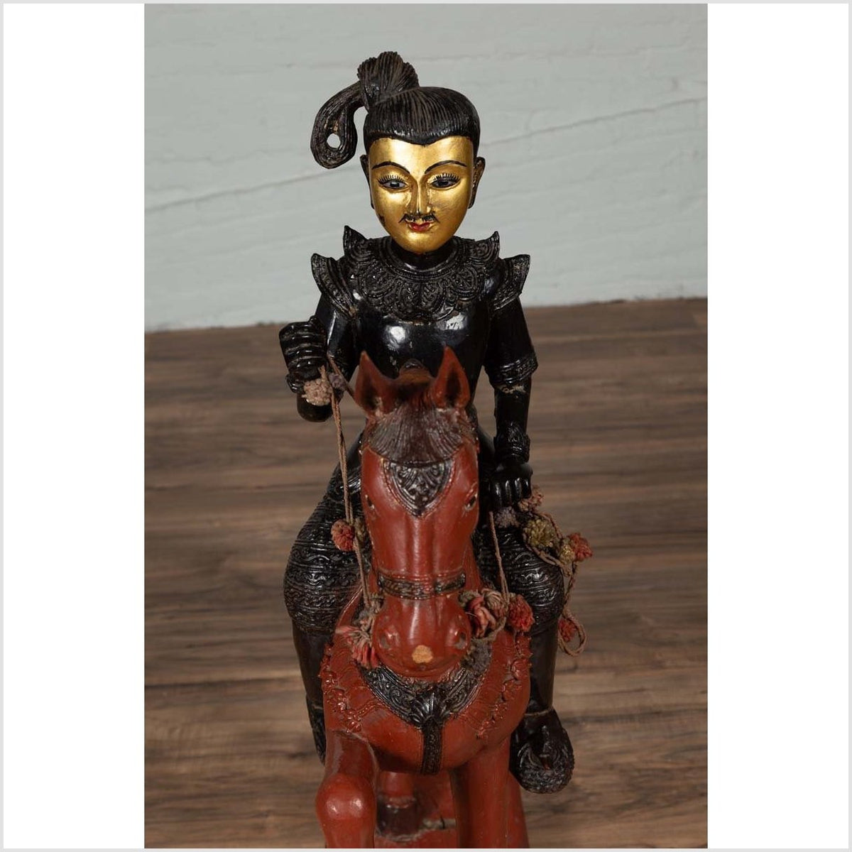 Vintage Burmese Polychrome Carved Wooden Statue of a Warrior on his Horse-15. Asian & Chinese Furniture, Art, Antiques, Vintage Home Décor for sale at FEA Home