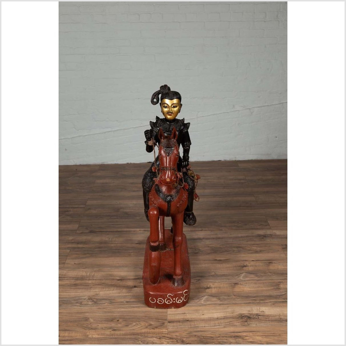 Vintage Burmese Polychrome Carved Wooden Statue of a Warrior on his Horse-16. Asian & Chinese Furniture, Art, Antiques, Vintage Home Décor for sale at FEA Home