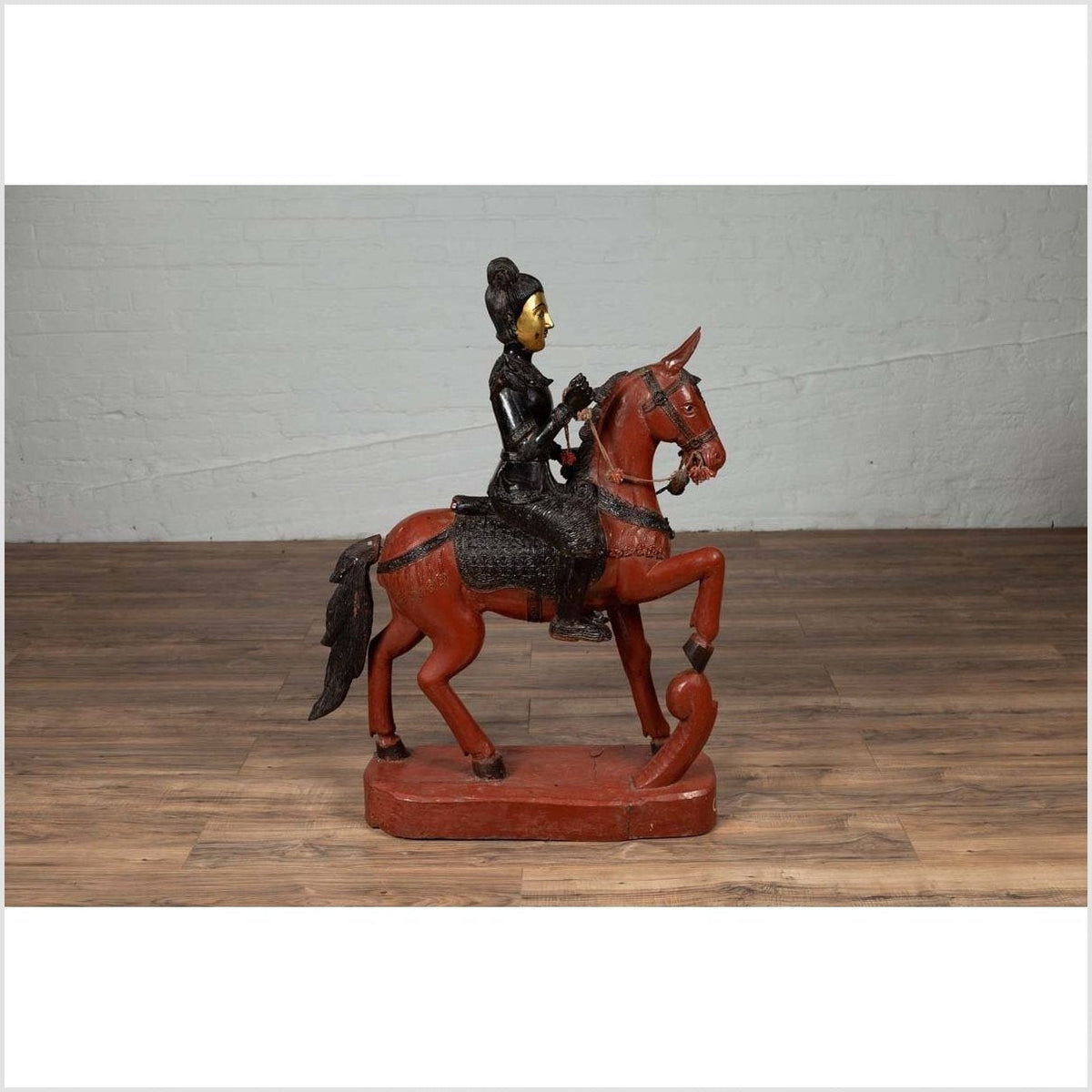 Vintage Burmese Polychrome Carved Wooden Statue of a Warrior on his Horse-17. Asian & Chinese Furniture, Art, Antiques, Vintage Home Décor for sale at FEA Home