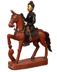Polychrome wooden Burmese warrior statue on horseback, vintage style, standing on rectangular base.