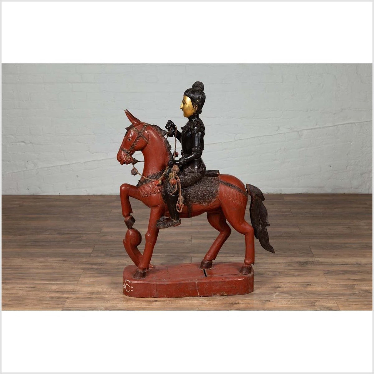 Vintage Burmese Polychrome Carved Wooden Statue of a Warrior on his Horse-4. Asian & Chinese Furniture, Art, Antiques, Vintage Home Décor for sale at FEA Home