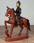 Polychrome wooden Burmese warrior statue on horseback, vintage style, mounted on a wooden base.