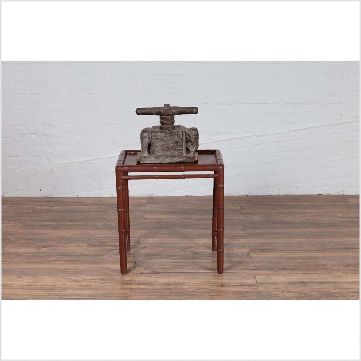 Vintage Chinese 1950s Bamboo Side Table with Brownish Patina and Recessed Top-3. Asian & Chinese Furniture, Art, Antiques, Vintage Home Décor for sale at FEA Home