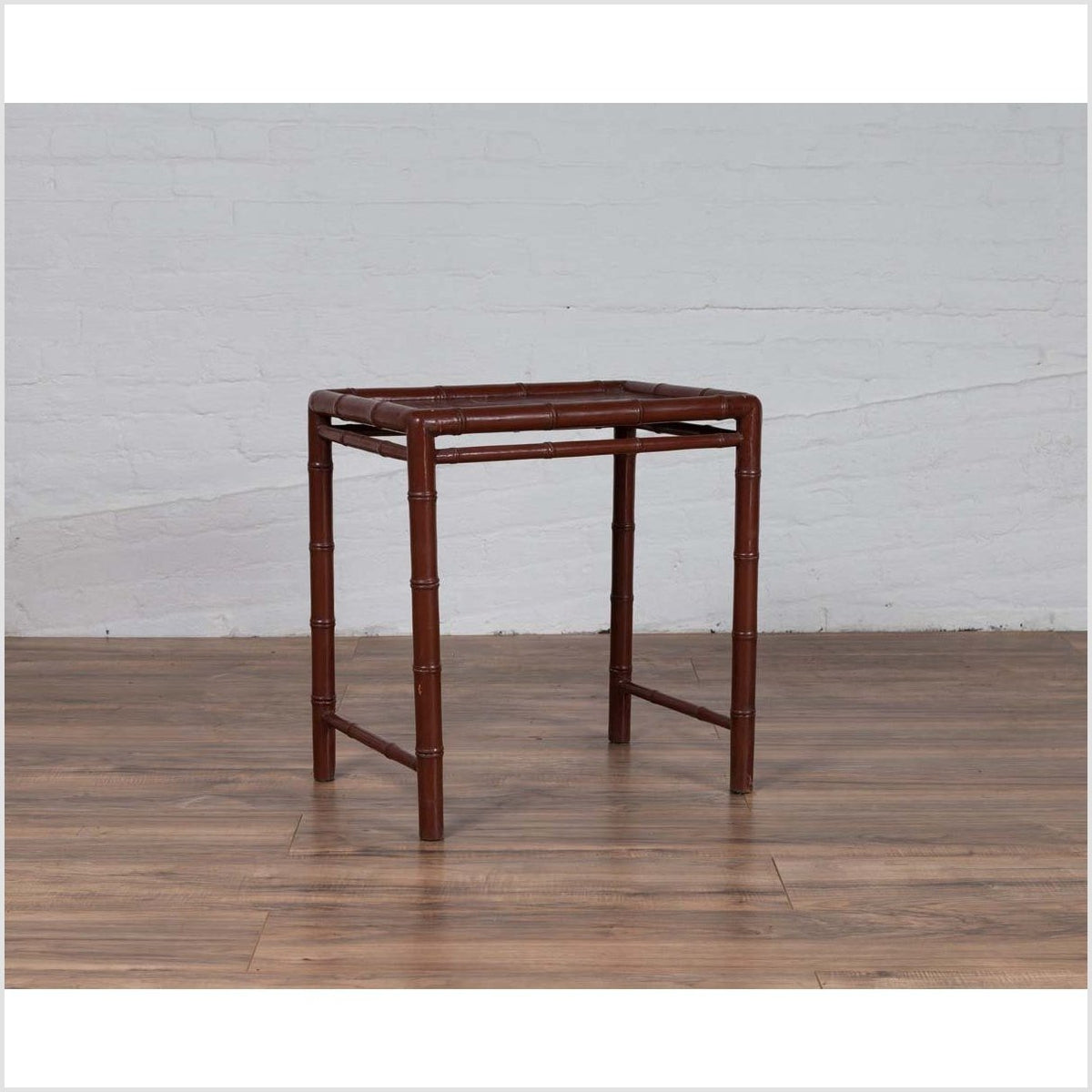 Vintage Chinese 1950s Bamboo Side Table with Brownish Patina and Recessed Top-7. Asian & Chinese Furniture, Art, Antiques, Vintage Home Décor for sale at FEA Home
