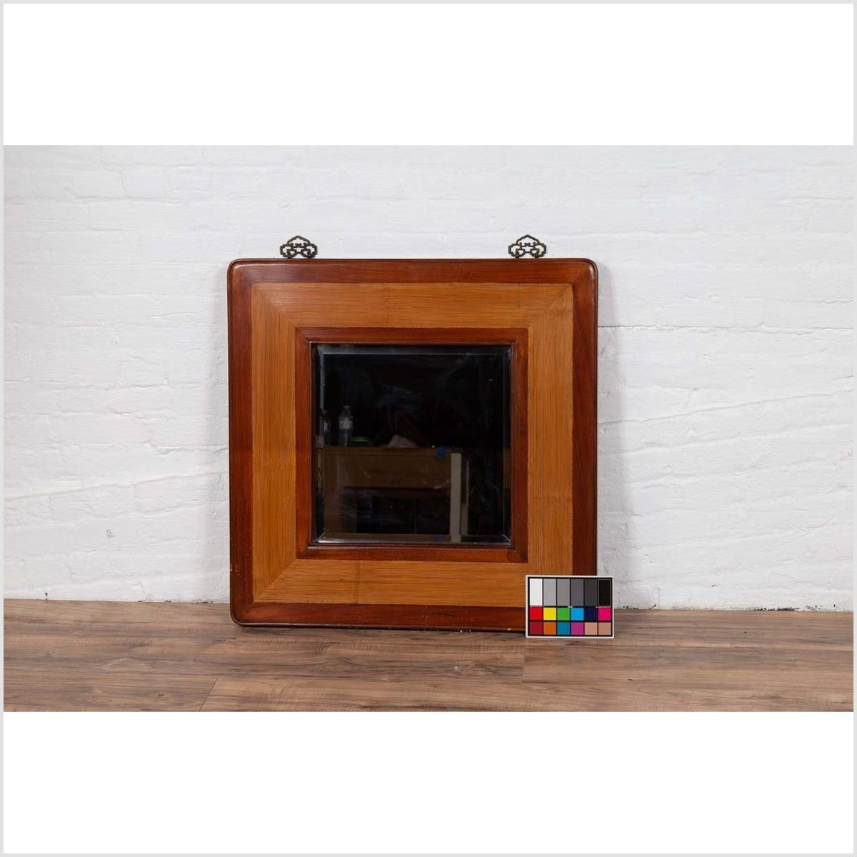 Vintage Chinese 1950s Two-Toned Elm and Rattan Square Mirror with Beveled Glass-3. Asian & Chinese Furniture, Art, Antiques, Vintage Home Décor for sale at FEA Home