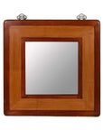 Close-up of vintage Chinese 1950s square mirror with two-toned elm and rattan frame, beveled glass, hanging hooks.