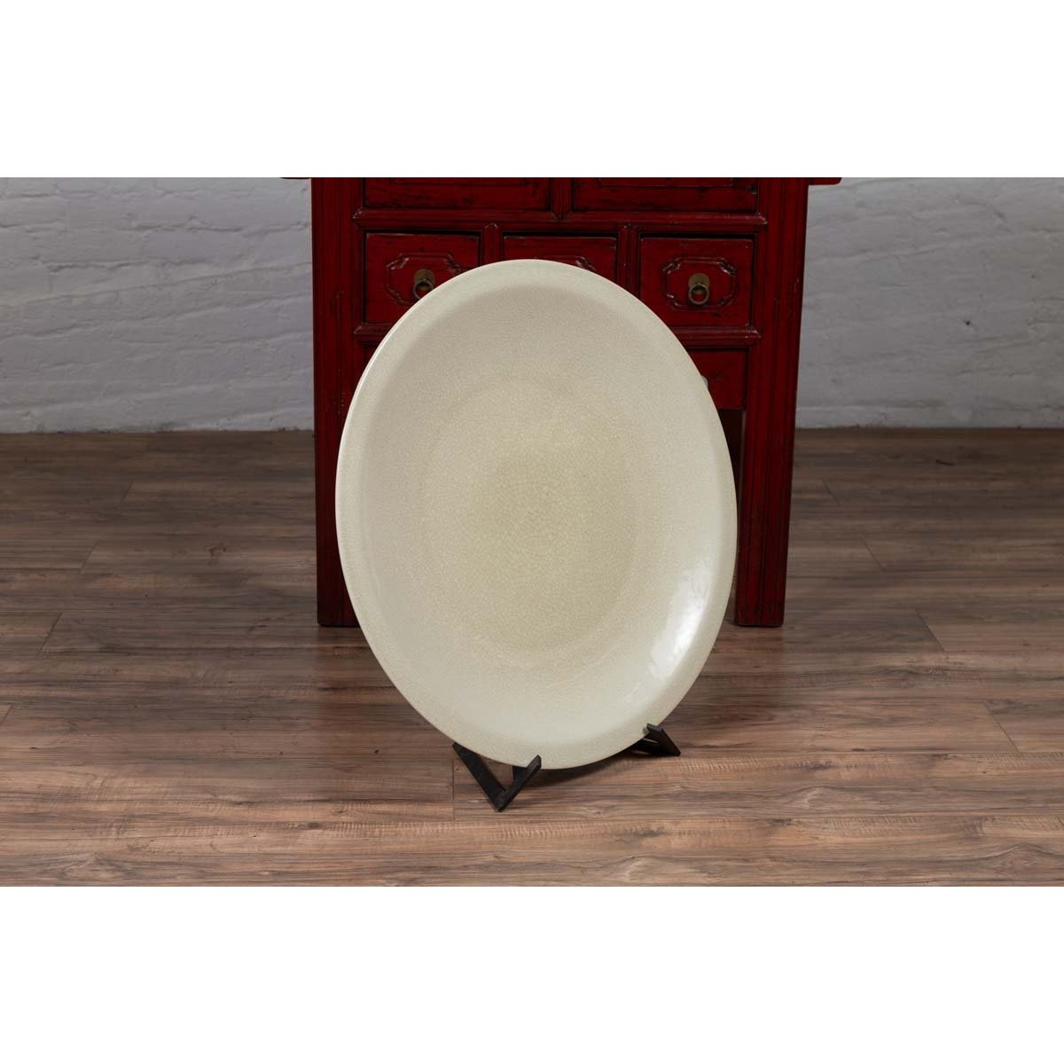 Vintage Beige Celadon Ceramic Charger Plate-5. Asian & Chinese Furniture, Art, Antiques, Vintage Home Décor for sale at FEA Home