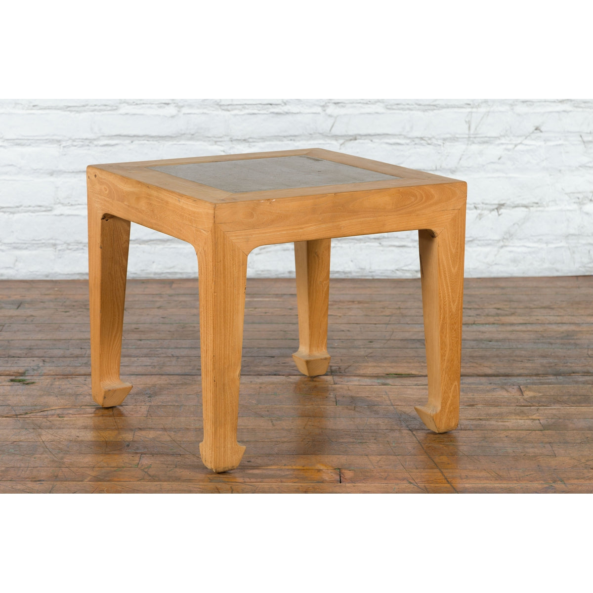 Vintage Chinese Bleached Elmwood Square Side Table with Stone Tile Inset Top-3. Asian & Chinese Furniture, Art, Antiques, Vintage Home Décor for sale at FEA Home