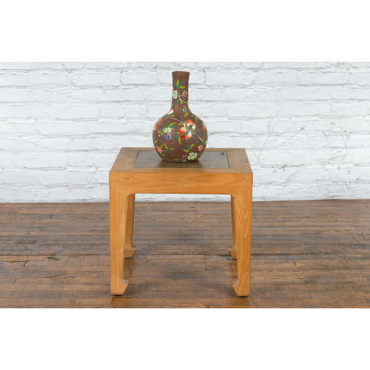 Vintage Chinese Bleached Elmwood Square Side Table with Stone Tile Inset Top-4. Asian & Chinese Furniture, Art, Antiques, Vintage Home Décor for sale at FEA Home