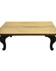 Natural teak vintage Chinese coffee table with curved legs, displayed against a plain white background.