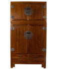 Brown Chinese elm wood wedding wardrobe with metal hinges, four doors, and four lower drawers, front view.
