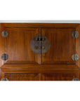 Brown Chinese elm wood wedding wardrobe with metal hinges and upper double doors, two-piece construction.