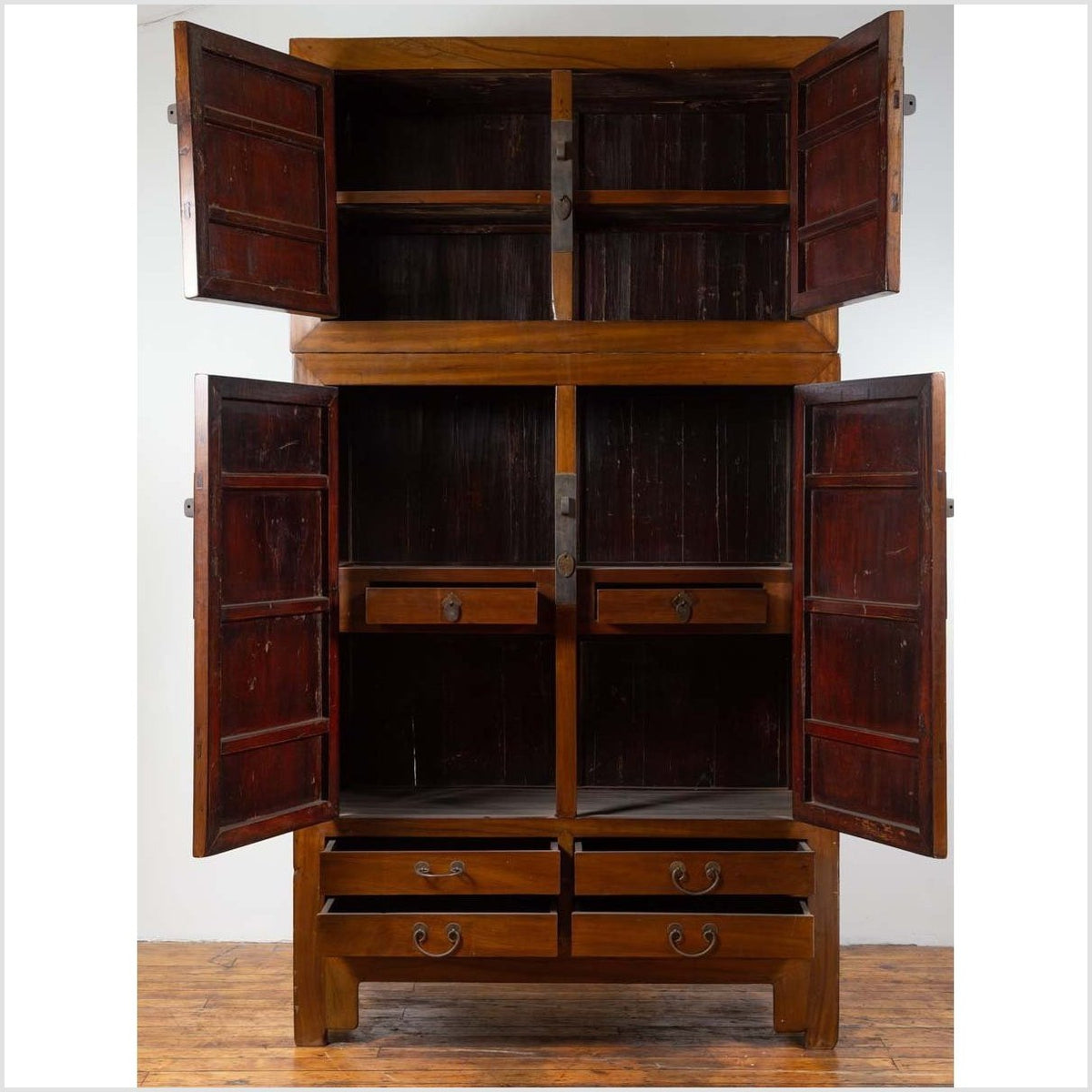 Vintage Chinese Elm Compound Wedding Wardrobe in Two Parts with Metal Hinges-9. Asian & Chinese Furniture, Art, Antiques, Vintage Home Décor for sale at FEA Home