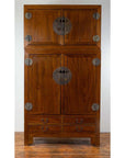 Brown Chinese elm wedding wardrobe with metal hinges and double doors, shown in two stacked sections.