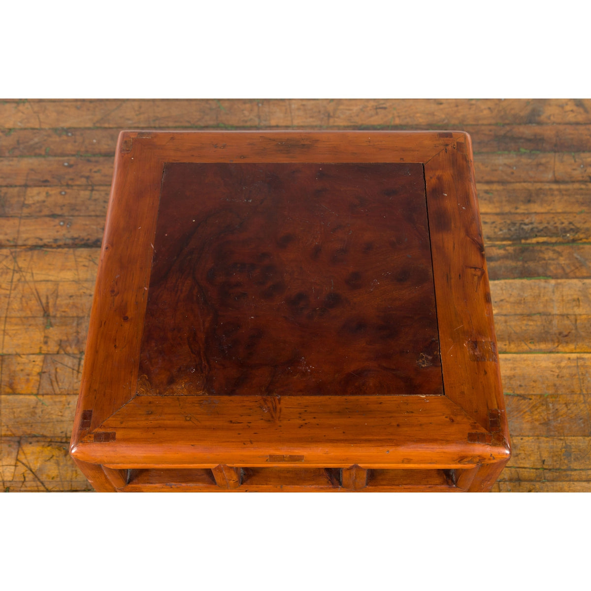 Vintage Chinese Elm Side Table with Burl Wood Top and Scrolling Carved Feet-15. Asian & Chinese Furniture, Art, Antiques, Vintage Home Décor for sale at FEA Home
