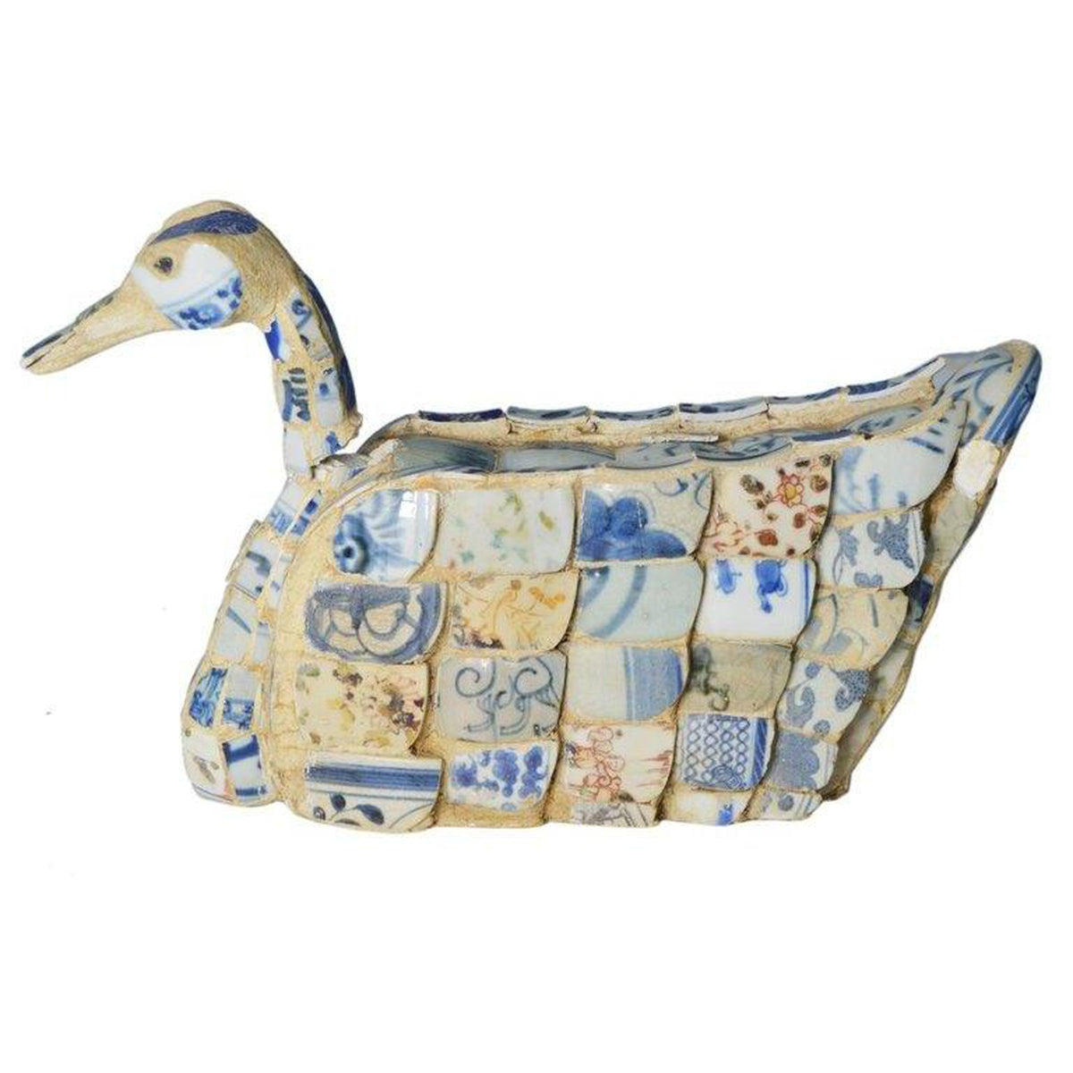 Vintage Chinese Faience Duck Sculpture with Blue Oriental Accents-7. Asian & Chinese Furniture, Art, Antiques, Vintage Home Décor for sale at FEA Home