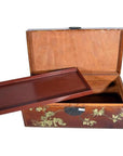Black lacquered wood dowry box with floral designs, open lid, and removable tray, hand painted, shown for storage use.