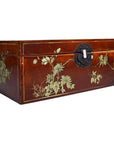 Black lacquered wooden box with hand painted floral design and black metal latch, shown against a plain background.