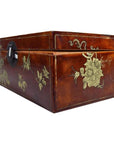 Black and gold lacquered wooden dowry box with hand painted floral designs and round metal clasp, ornate style.
