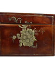 Black lacquered wood box with hand-painted gold floral and ribbon design, vintage Chinese style, front view.