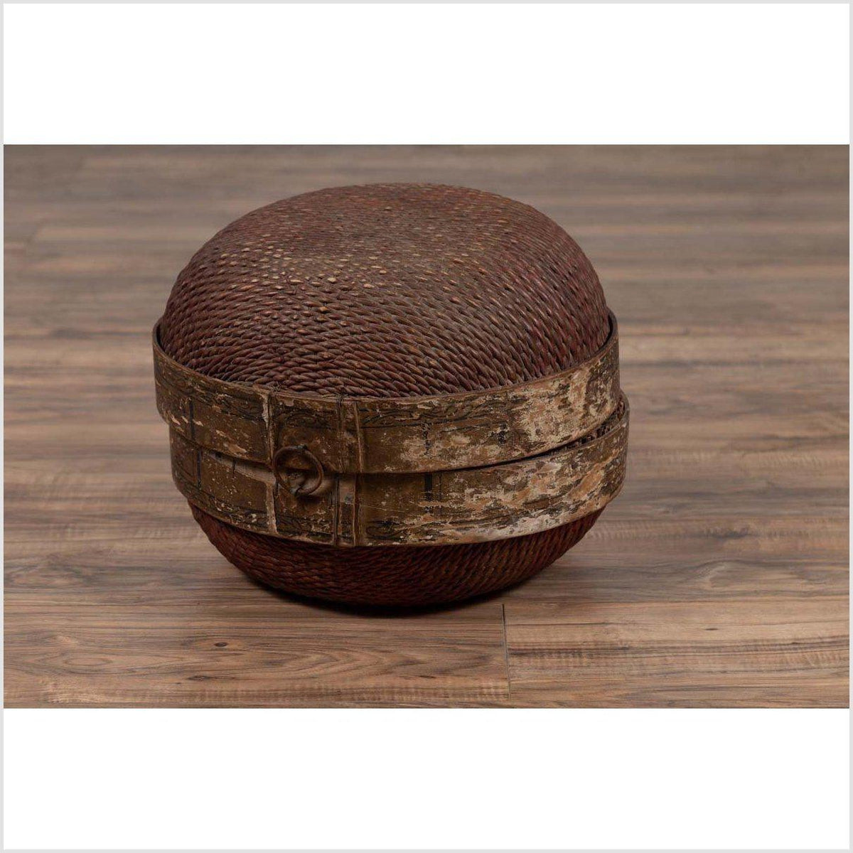 Vintage Chinese Mid-century Rattan Circular Hat Box with Weathered Patina-10. Asian & Chinese Furniture, Art, Antiques, Vintage Home Décor for sale at FEA Home