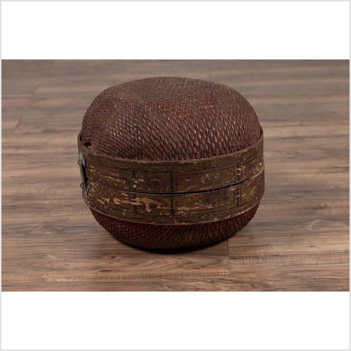 Vintage Chinese Mid-century Rattan Circular Hat Box with Weathered Patina-11. Asian & Chinese Furniture, Art, Antiques, Vintage Home Décor for sale at FEA Home