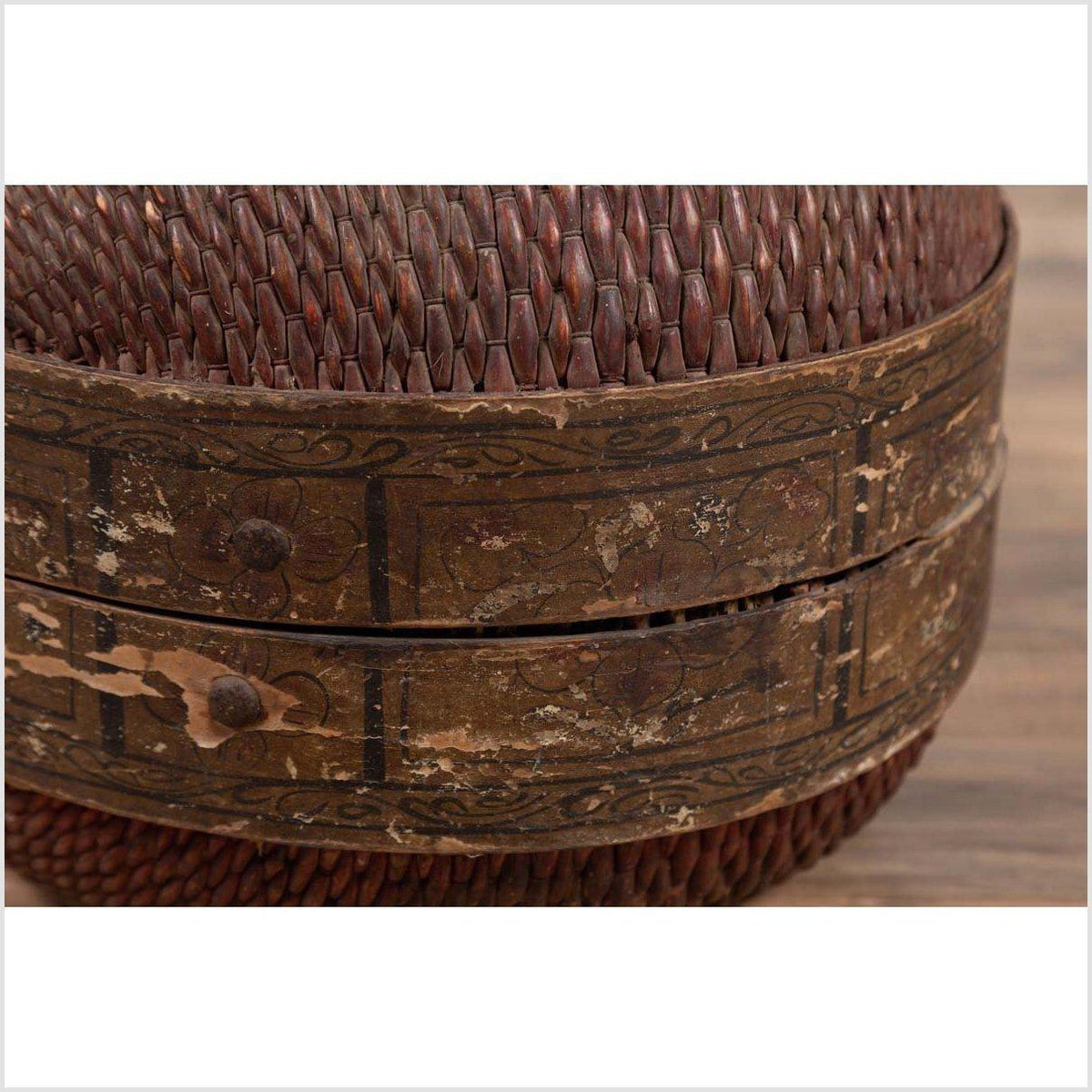 Vintage Chinese Mid-century Rattan Circular Hat Box with Weathered Patina-12. Asian & Chinese Furniture, Art, Antiques, Vintage Home Décor for sale at FEA Home