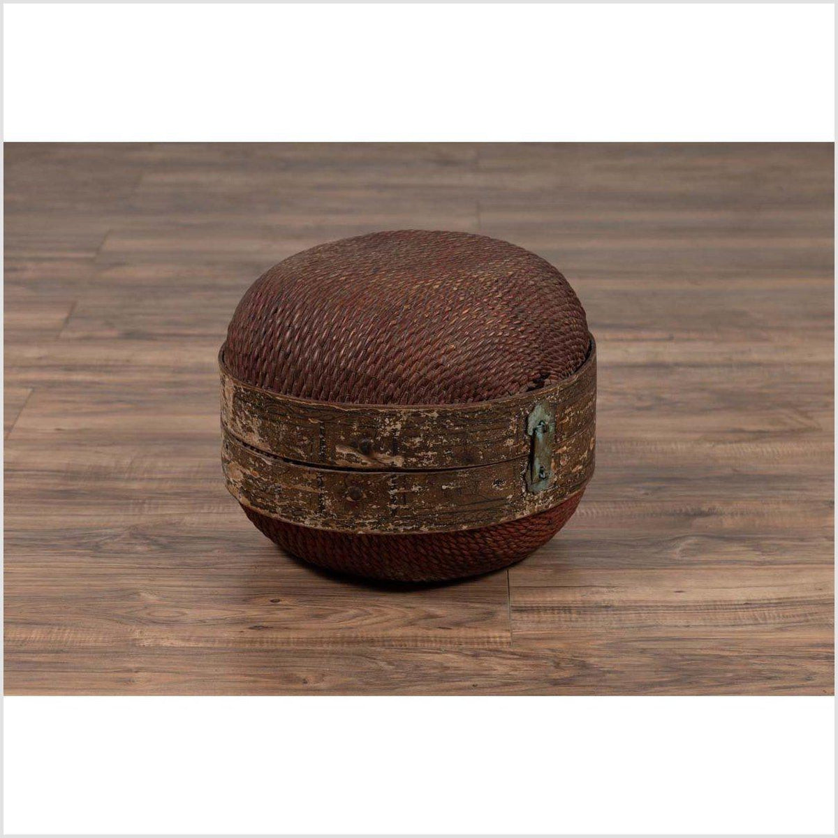 Vintage Chinese Mid-century Rattan Circular Hat Box with Weathered Patina-3. Asian & Chinese Furniture, Art, Antiques, Vintage Home Décor for sale at FEA Home
