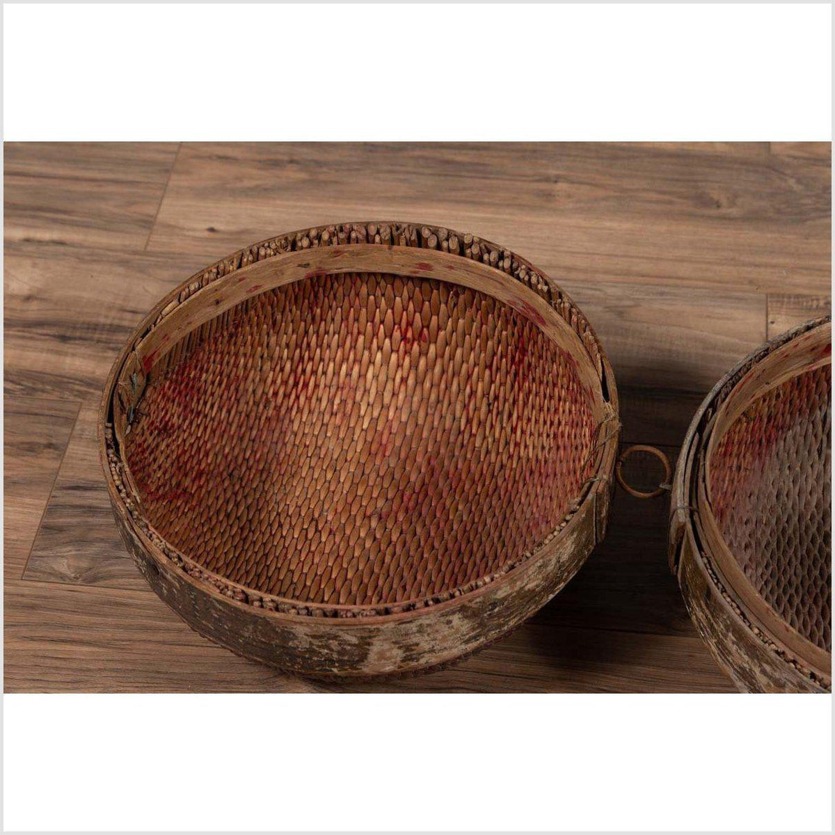 Vintage Chinese Mid-century Rattan Circular Hat Box with Weathered Patina-7. Asian & Chinese Furniture, Art, Antiques, Vintage Home Décor for sale at FEA Home