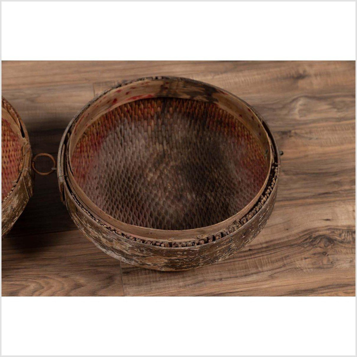 Vintage Chinese Mid-century Rattan Circular Hat Box with Weathered Patina-8. Asian & Chinese Furniture, Art, Antiques, Vintage Home Décor for sale at FEA Home
