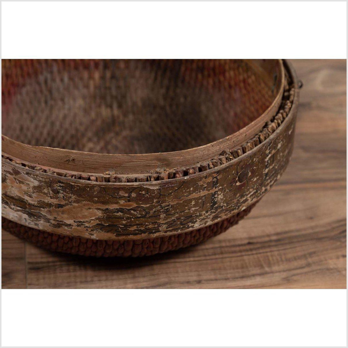 Vintage Chinese Mid-century Rattan Circular Hat Box with Weathered Patina-9. Asian & Chinese Furniture, Art, Antiques, Vintage Home Décor for sale at FEA Home