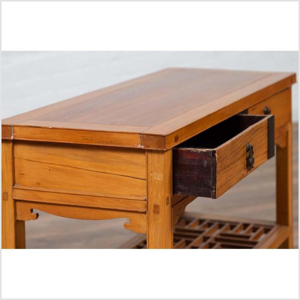Vintage Chinese Natural Wood Side Table with Two Drawers and Crackled Ice Shelf-11. Asian & Chinese Furniture, Art, Antiques, Vintage Home Décor for sale at FEA Home