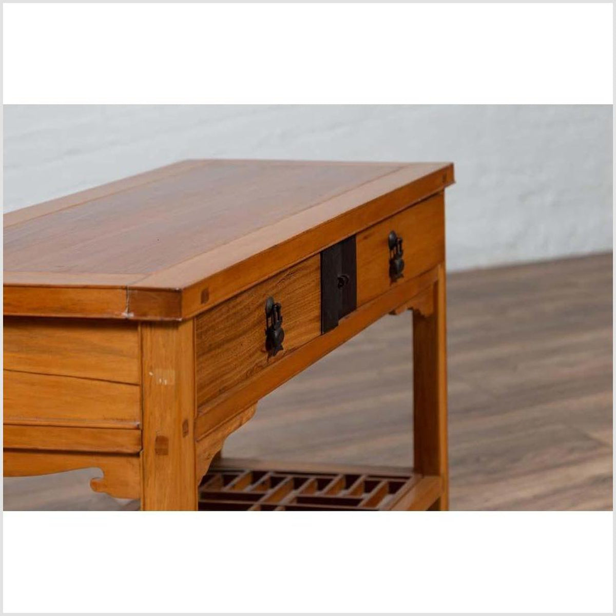 Vintage Chinese Natural Wood Side Table with Two Drawers and Crackled Ice Shelf-13. Asian & Chinese Furniture, Art, Antiques, Vintage Home Décor for sale at FEA Home