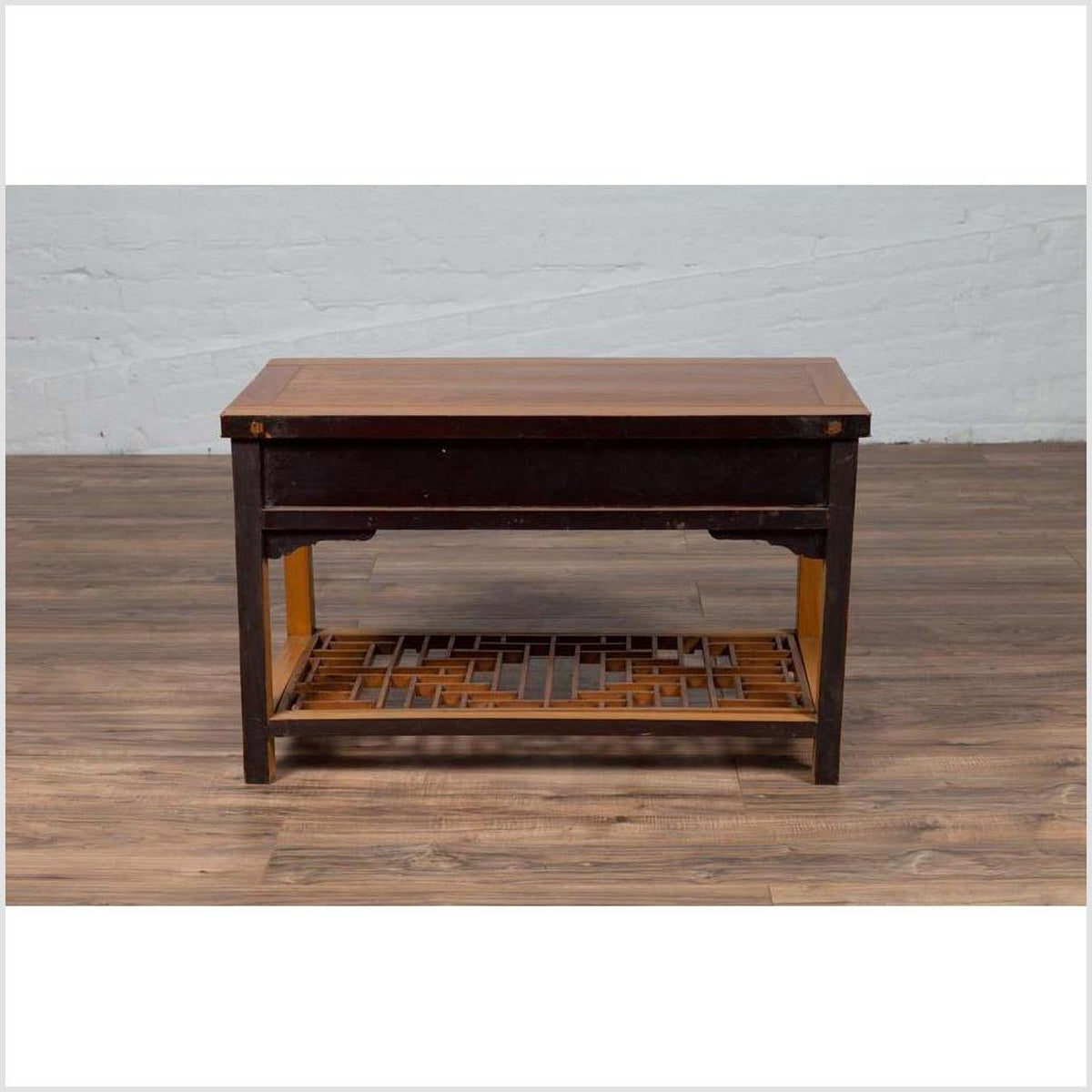 Vintage Chinese Natural Wood Side Table with Two Drawers and Crackled Ice Shelf-14. Asian & Chinese Furniture, Art, Antiques, Vintage Home Décor for sale at FEA Home