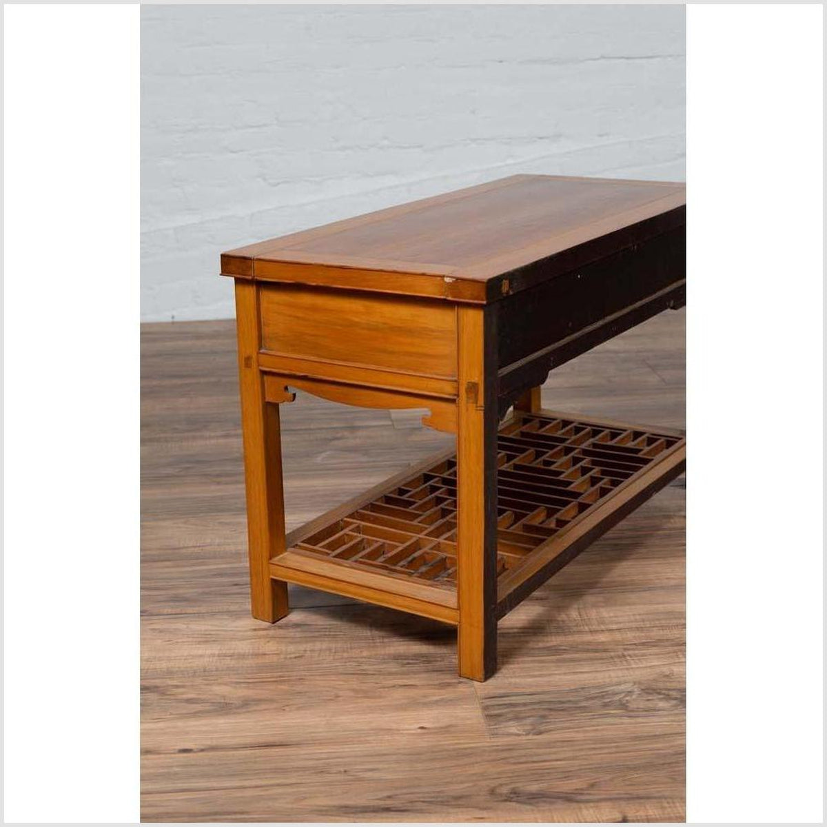 Vintage Chinese Natural Wood Side Table with Two Drawers and Crackled Ice Shelf-15. Asian & Chinese Furniture, Art, Antiques, Vintage Home Décor for sale at FEA Home
