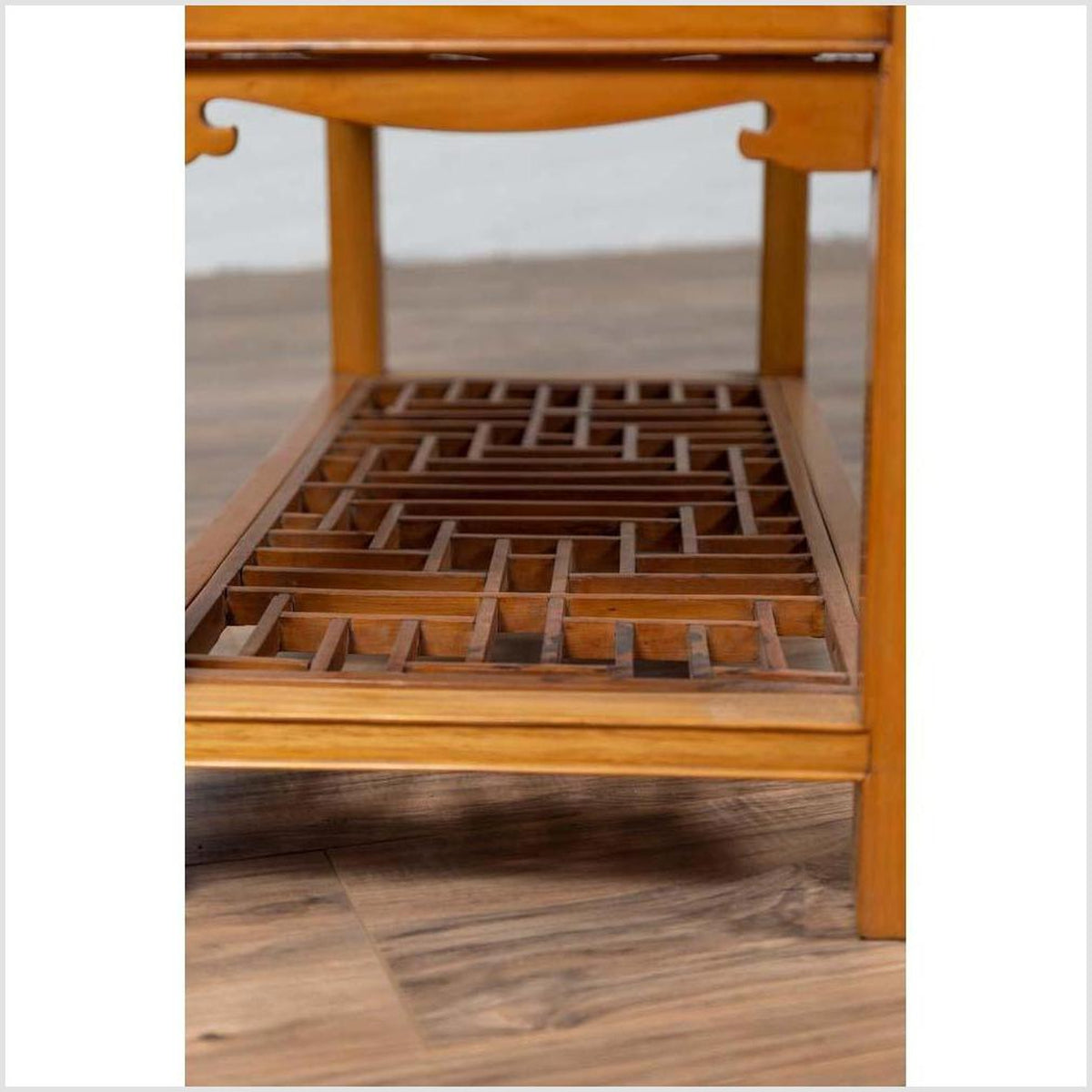 Vintage Chinese Natural Wood Side Table with Two Drawers and Crackled Ice Shelf-16. Asian & Chinese Furniture, Art, Antiques, Vintage Home Décor for sale at FEA Home