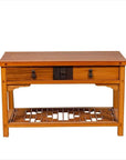 Natural wood side table with vintage Chinese design, two drawers, and crackled ice shelf, front view.